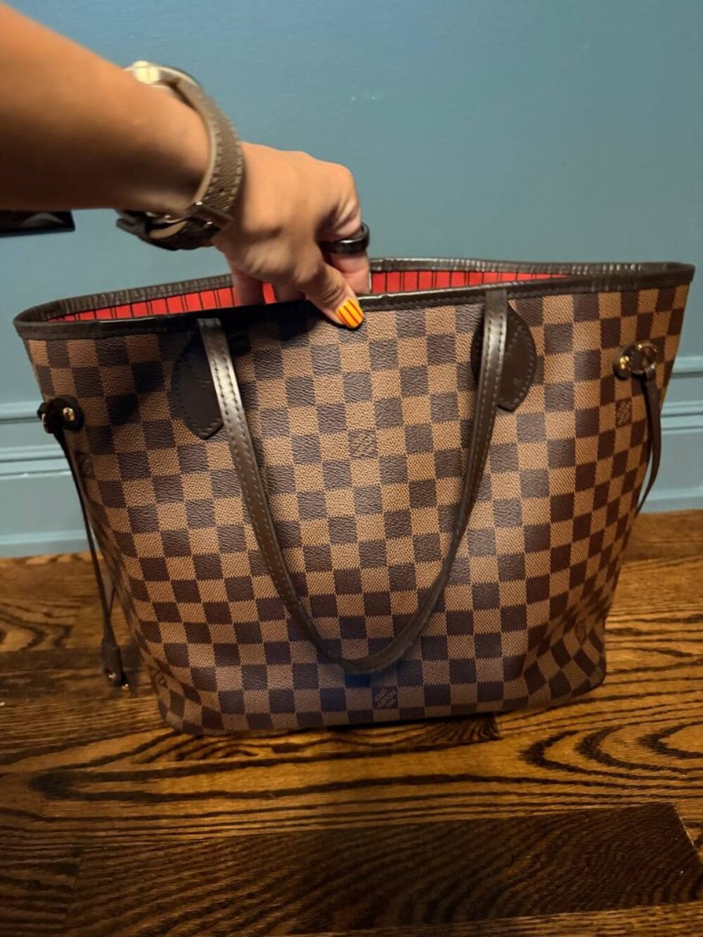 Authentic Louis Vuitton Damier Ebene Neverfull MM - Cerise (Red) Interior